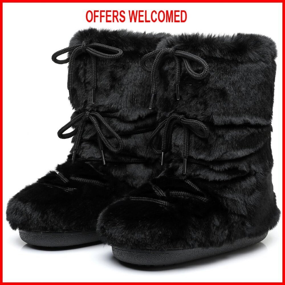 Faux Fur Lined Snow Boots Mid-Calf Non-Slip Lace-Up Winter Ski Boots
